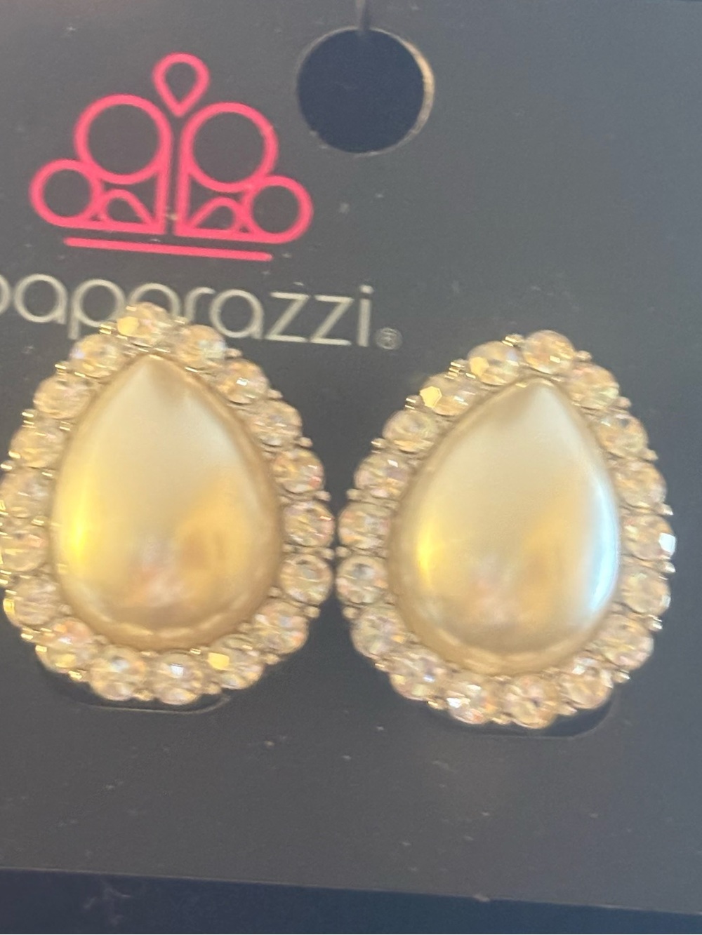 Paparazzi Gold Teardrop Pearl Halo clasp back Earrings